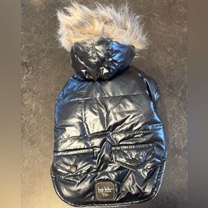 Stylish Black Dog Jacket with Faux Fur Hood